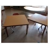 2 SQUARE WOOD TABLES & 4 SMALLER CHAIRS