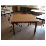 2 SQUARE WOOD TABLES & 4 SMALLER CHAIRS