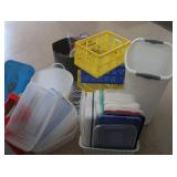LARGE MISC PILE OF PLASTIC TOTES
