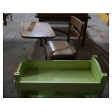 VINTAGE WOODEN DESK AND WOODEN BABY DOLL CARRIAGE