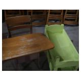 VINTAGE WOODEN DESK AND WOODEN BABY DOLL CARRIAGE