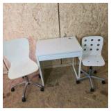 White Desk with Drawer and Two Swivel Chairs Lot