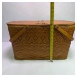 Vintage Wicker Picnic Basket With Wood Lid Folding Handles and Cups