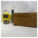 Lot of Vintage Camping Gear Thermos Lantern and Wooden Storage Box