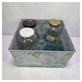 Lot of Vintage Blue Mason Jars Glass Food Jars and Galvanized Metal Storage Bin