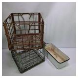 Lot of 3 Vintage Wire Milk Crates and Enamel Metal Pan