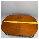 Vintage Wicker Picnic Basket With Wood Lid Folding Handles and Cups