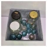 Lot of Vintage Blue Mason Jars Glass Food Jars and Galvanized Metal Storage Bin