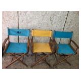Lot of 5 Folding Wood Director Chairs with Blue and Yellow Canvas Seats