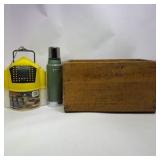 Lot of Vintage Camping Gear Thermos Lantern and Wooden Storage Box