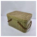 Vintage Wicker Picnic Basket with Metal Interior and Wood Handles