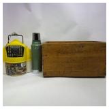 Lot of Vintage Camping Gear Thermos Lantern and Wooden Storage Box