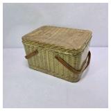 Vintage Wicker Picnic Basket with Metal Interior and Wood Handles