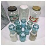Lot of Vintage Blue Mason Jars Glass Food Jars and Galvanized Metal Storage Bin
