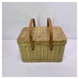 Vintage Wicker Picnic Basket with Metal Interior and Wood Handles