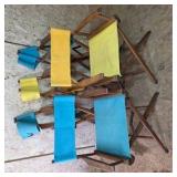 Lot of 5 Folding Wood Director Chairs with Blue and Yellow Canvas Seats