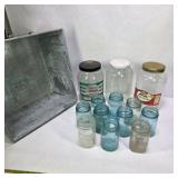 Lot of Vintage Blue Mason Jars Glass Food Jars and Galvanized Metal Storage Bin
