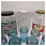 Lot of Vintage Blue Mason Jars Glass Food Jars and Galvanized Metal Storage Bin