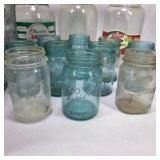 Lot of Vintage Blue Mason Jars Glass Food Jars and Galvanized Metal Storage Bin