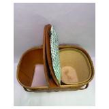Vintage Wicker Picnic Basket With Wood Lid Folding Handles and Cups