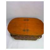 Vintage Wicker Picnic Basket With Wood Lid Folding Handles and Cups