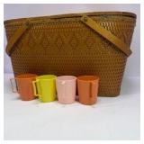 Vintage Wicker Picnic Basket With Wood Lid Folding Handles and Cups