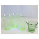 Uranium Depression Glass Floral Etched 4-Piece Set