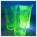 Uranium Depression Glass Floral Etched 4-Piece Set