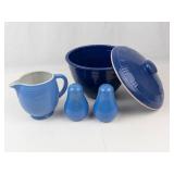 Fiesta Ware Blue Bowl, Hall Pitcher, & Salt & Pepper Shakers Mixed Lot
