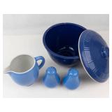 Fiesta Ware Blue Bowl, Hall Pitcher, & Salt & Pepper Shakers Mixed Lot