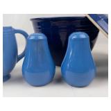 Fiesta Ware Blue Bowl, Hall Pitcher, & Salt & Pepper Shakers Mixed Lot
