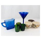 Johnson Brothers Peach Bloom Teacups, Cobalt Glass Pitcher & Candle Holders Mixed Lot