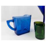 Johnson Brothers Peach Bloom Teacups, Cobalt Glass Pitcher & Candle Holders Mixed Lot