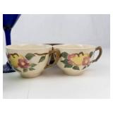 Johnson Brothers Peach Bloom Teacups, Cobalt Glass Pitcher & Candle Holders Mixed Lot