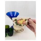 Johnson Brothers Peach Bloom Teacups, Cobalt Glass Pitcher & Candle Holders Mixed Lot