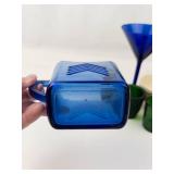 Johnson Brothers Peach Bloom Teacups, Cobalt Glass Pitcher & Candle Holders Mixed Lot