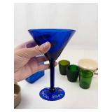 Johnson Brothers Peach Bloom Teacups, Cobalt Glass Pitcher & Candle Holders Mixed Lot