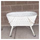 Vintage Wicker Baby Bassinet With Folding Legs & Wheels