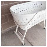 Vintage Wicker Baby Bassinet With Folding Legs & Wheels