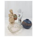 Mixed Lot Chalkware Girl, Porcelain Hand, Pottery Vase & Glass Dish