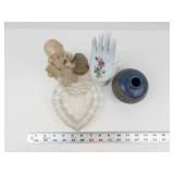 Mixed Lot Chalkware Girl, Porcelain Hand, Pottery Vase & Glass Dish