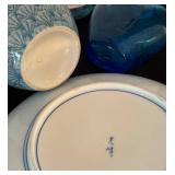 O - Vintage Blue & White Floral Plate, Crackle Glass Vase & Jar Mixed Lot