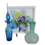 LL-BR1 - Vintage Rainbow Glass Blue Genie Style Decanter & Coordinating Decor
