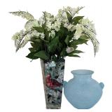 LL-BR2 - Murano Blue Vase, Painted Bird Vase & 4 Faux Lily Sprigs Mixed Lot
