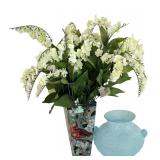 LL-BR2 - Murano Blue Vase, Painted Bird Vase & 4 Faux Lily Sprigs Mixed Lot