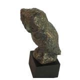 LL-FR - Vintage Mid-Century Bronze Owl Sculpture on Wooden Base