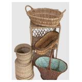 LL-FR - Wicker Shelf Unit, 4 Baskets & Woven Pitcher Mixed Lot