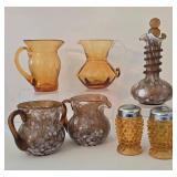 K - Vintage Amber Glass Pitchers, Carafe, Sugar & Creamer, Salt & Pepper Shakers Mixed Lot