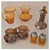 K - Vintage Amber Glass Pitchers, Carafe, Sugar & Creamer, Salt & Pepper Shakers Mixed Lot
