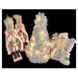 LL-ST - Christmas Decor Lighted Tinsel Tree Nutcracker Pair & Santa Topper (Lot of 3)